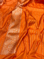 Orange Pure Double Katan Silk Handwoven Banarasi Saree | Kadhwa Technique | A Masterpiece Of Timeless Elegance