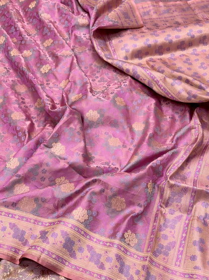 Baby Pink Pure Mashru Satin Silk Handwoven Banarasi Saree- Tanchoi