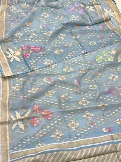 Sky Blue Pure Mulberry Kora ( Organza ) Silk Ektara Jamdani Handloom Contemporary Banarasi Lightweight Saree