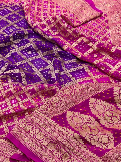Rani Pink Pure Chiffon Georgette Soft Drape Lightweight Bandhej Saree | Handloom Banarasi Saree