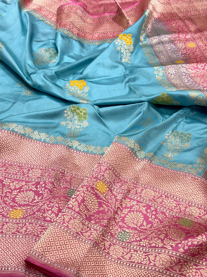 Aqua Blue Pure Mulberry Double Katan Silk | Kadhwa + Kadhiyal Weave | Handwoven Ektara Banarasi Saree - The Modern Heritage