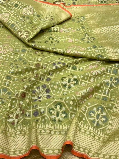 Pista Green Pure Muslin Cotton Tissue Jamdani - Ektara Weave Handloom Modern Banarasi Saree