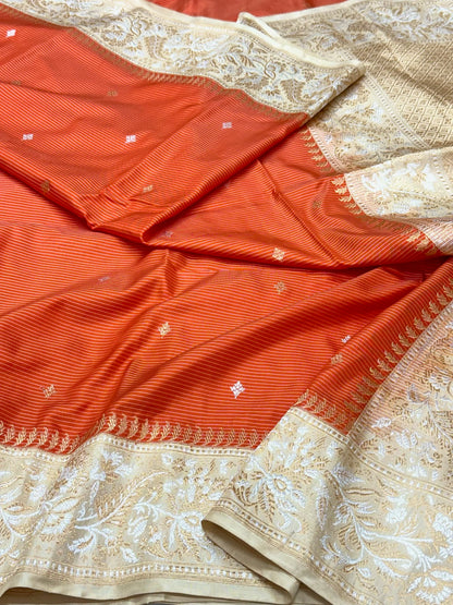 Rustic Orange Handwoven | Kadhwa + Kadhiyal Technique | Banarasi Saree - Pure Mulberry Double Katan Silk Ektara Banarasi Saree