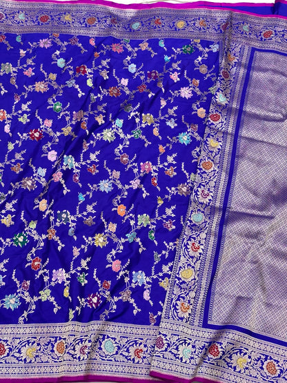 Blue Handwoven Luxury Banarasi Saree - Pure Mulberry Double Katan Silk Banarasi Saree | Kadhwa Weave |
