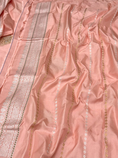 Peach Pure Mulberry Katan Silk Handwoven Banarasi Saree - Kadhwa + Ektara Weave