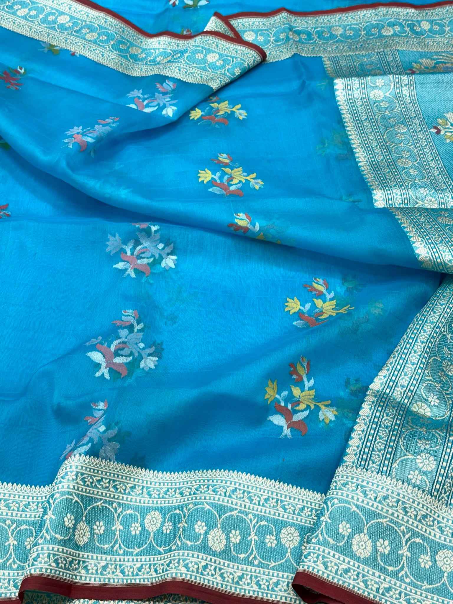 Blue Pure Kora Mulberry Silk handwoven Banarasi saree - Ektara Jamdani Weave