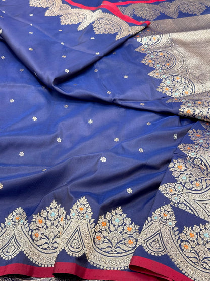 Dark Blue Pure Mulberry Katan Silk Handwoven Banarasi Saree
