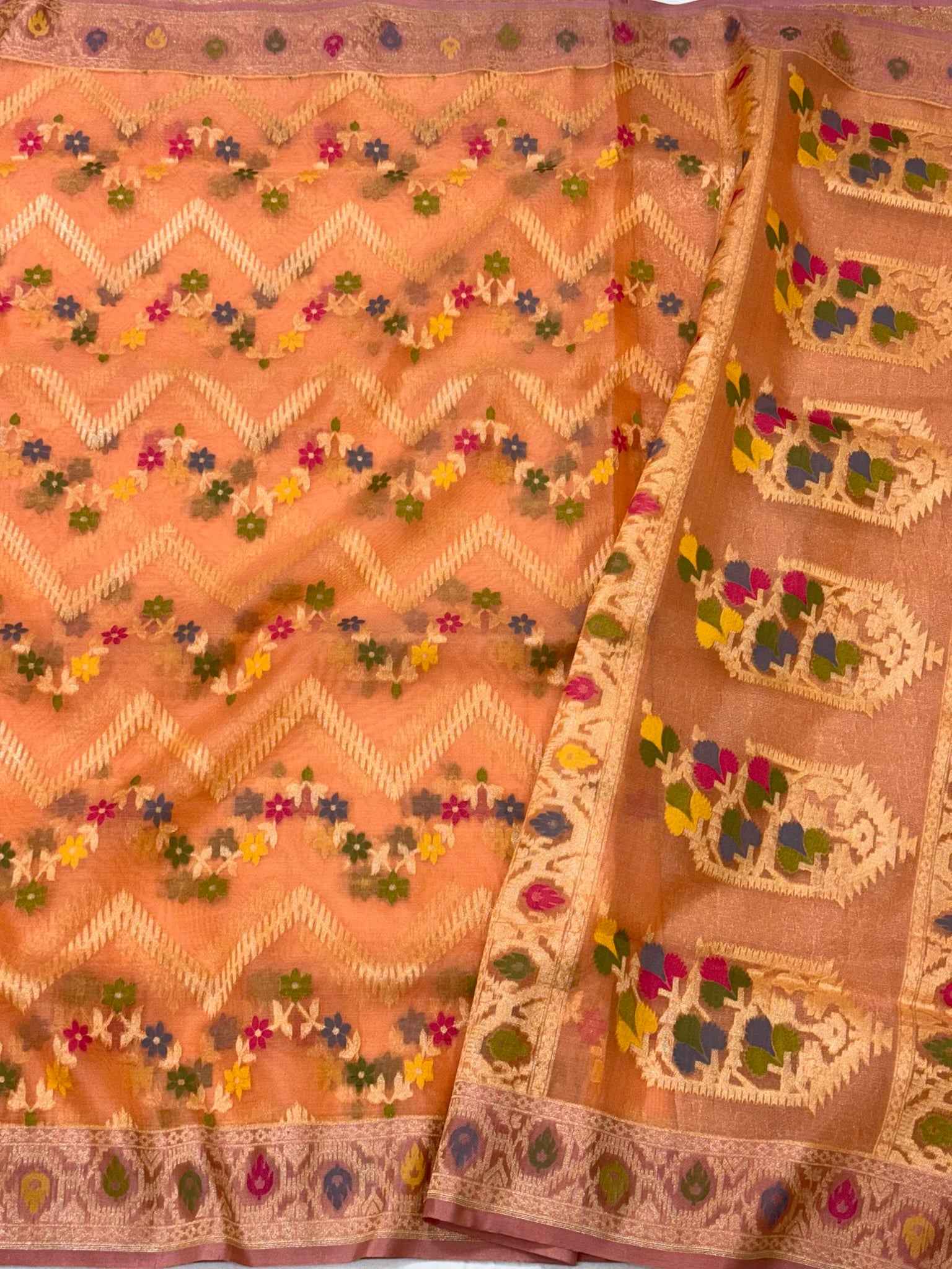 Peach Jamdani Handloom Banarasi Saree | Pure Mulberry Kora Silk Ektara Weave Saree