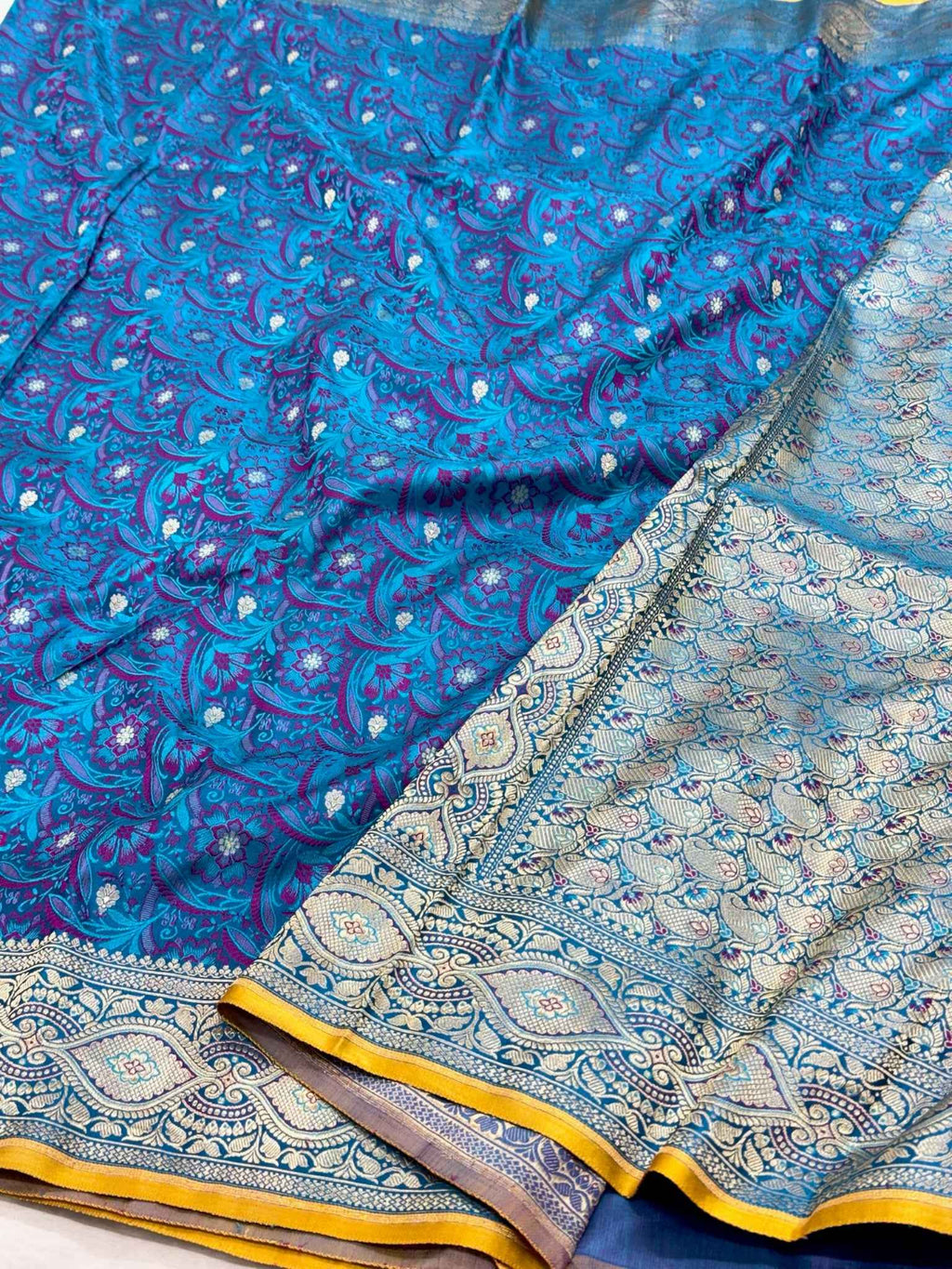 Saphire Blue Pure Satin Silk Handwoven Soft Drape Banarasi Saree