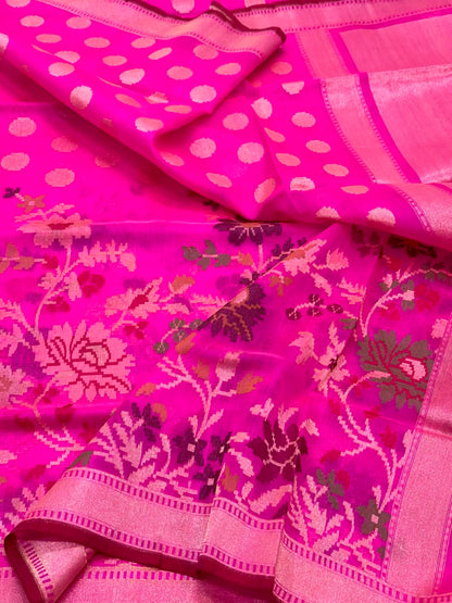 Fluorescent Pink Pure Kora Organza Silk Handwoven Banarasi Saree