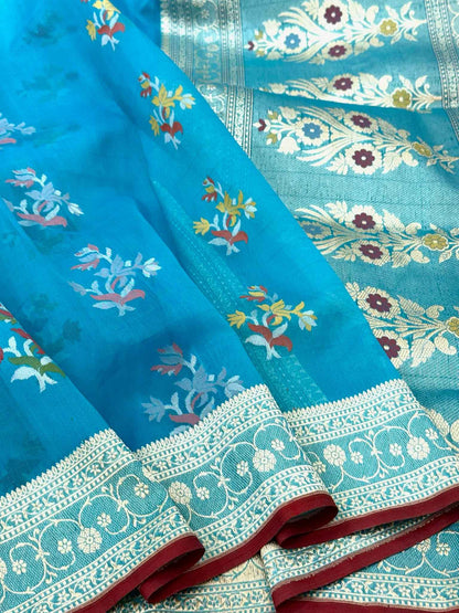 Blue Pure Kora Mulberry Silk handwoven Banarasi saree - Ektara Jamdani Weave