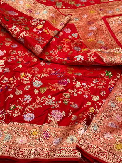 Red Pure Mulberry Double Katan Silk Handwoven Premium Banarasi Saree | Authentic Kadhwa Technique Banarasi Saree