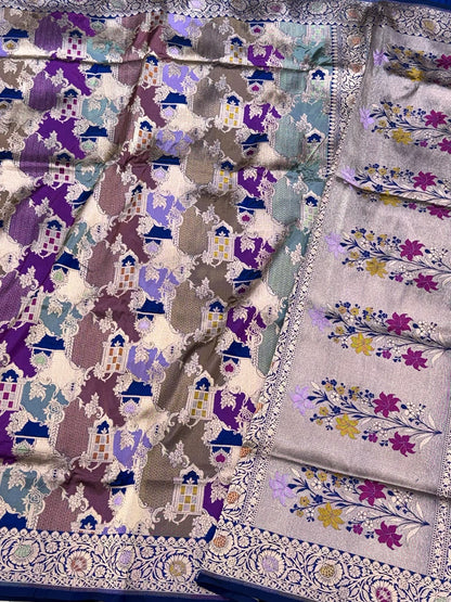 Blue Handwoven Banarasi Pure Mulberry Katan Silk Handloom Saree - Rangkaat