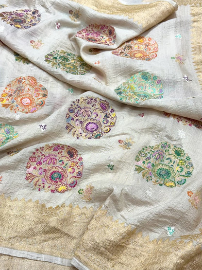 Natural Ivory Pure Tussar Georgette Silk - Kadhwa Technique Modern Masterpiece Banarasi Saree