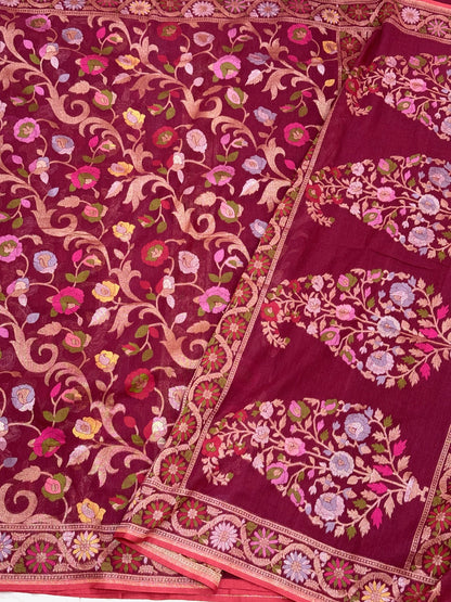 Berry Pure Muslin Cotton Jamdani Ektara Weave Handloom Banarasi Saree