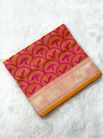 Yellowish Pink Pure Mashru Satin Silk Handwoven Banarasi Saree