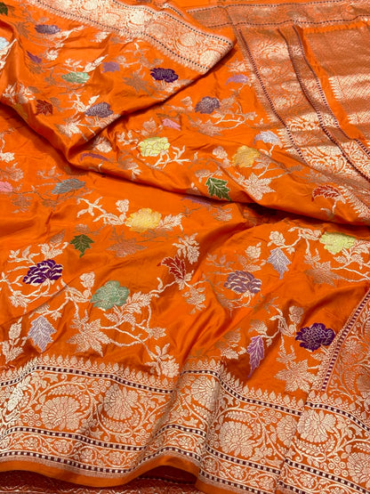 Orange Premium Banarasi Handwoven | Kadhwa Technique | Pure Double Katan Mulberry Silk Saree