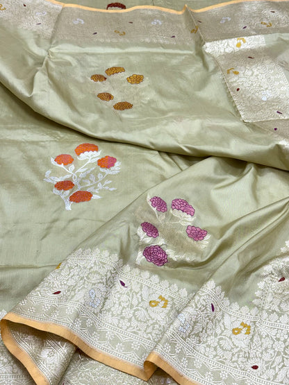 Pastel Mint Green Handwoven Kadhwa Banarasi Saree - Pure Katan Mulberry Silk Banarasi Saree