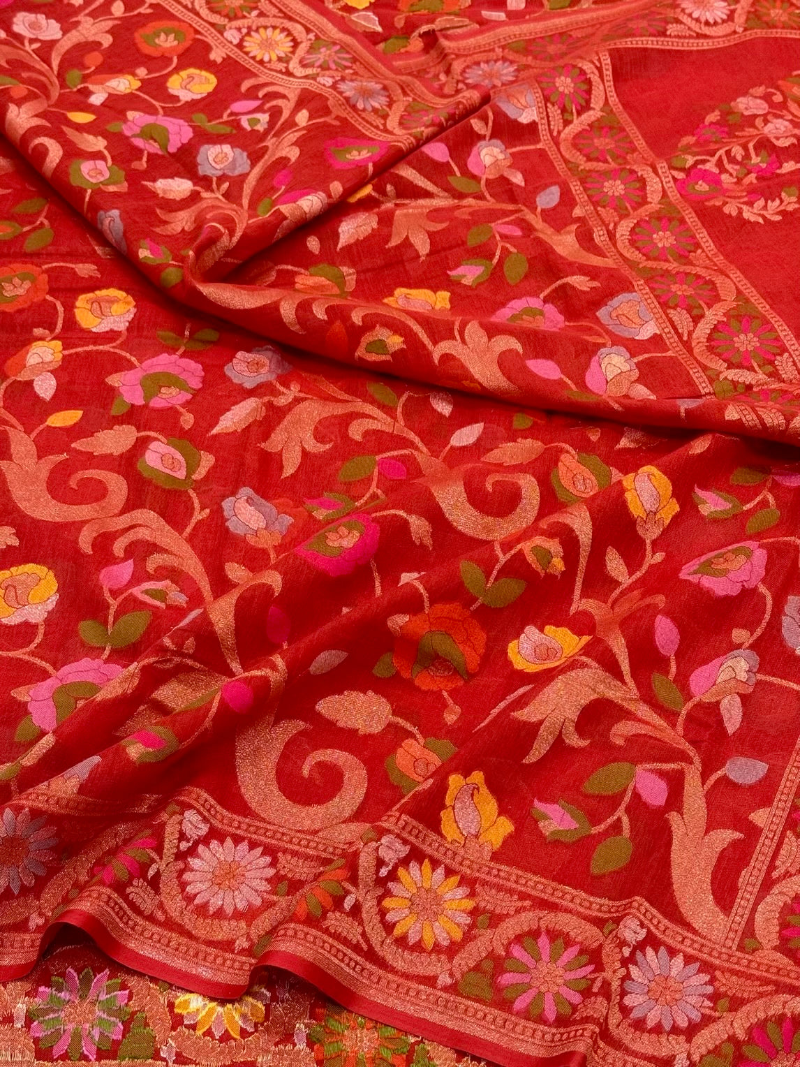 Red Pure Muslin Cotton Jamdani Handloom Banarasi Saree |Ektara Weave|