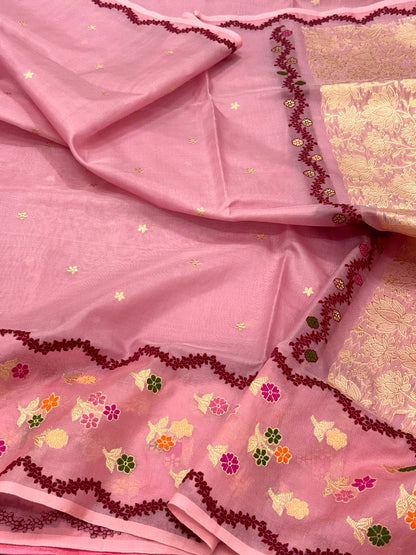Onion Pink Pure Kora Silk & Mulberry Silk Handwoven Modern Banarasi Saree