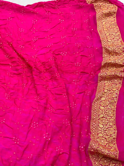 Fluorescent Pink Handloom Contemporary Banarasi Saree | Pure Chiffon Georgette Soft Drape Lightweight Bandhej Saree