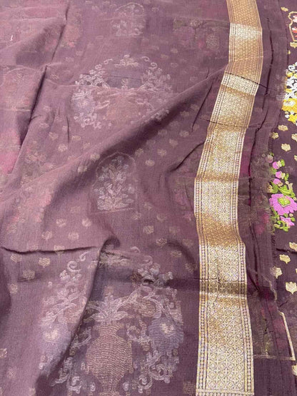 Wine Pure Muslin Cotton Handloom Banarasi Saree