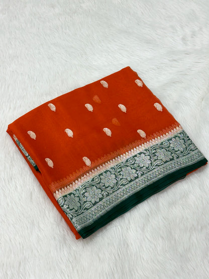Orange Pure Chiffon Georgette Handwoven Banarasi Saree