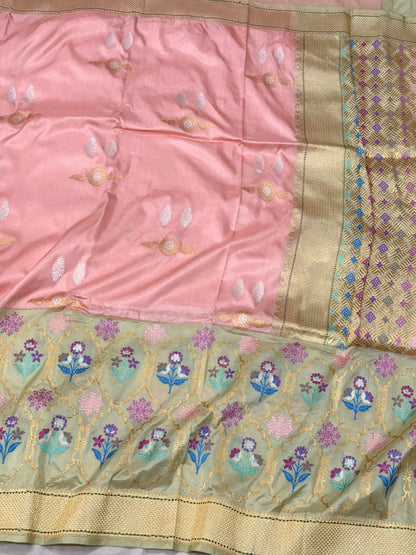 Baby Pink/ Pastel Pista Green Authentic Premium Banarasi Saree - Pure Katan Mulberry Silk | Kadhwa + Ektara + Kadhiyal Technique | Handwoven Saree