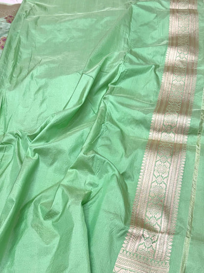Pista Green Pure Katan Mulberry Silk Handloom Authentic Banarasi Saree - Meenakari