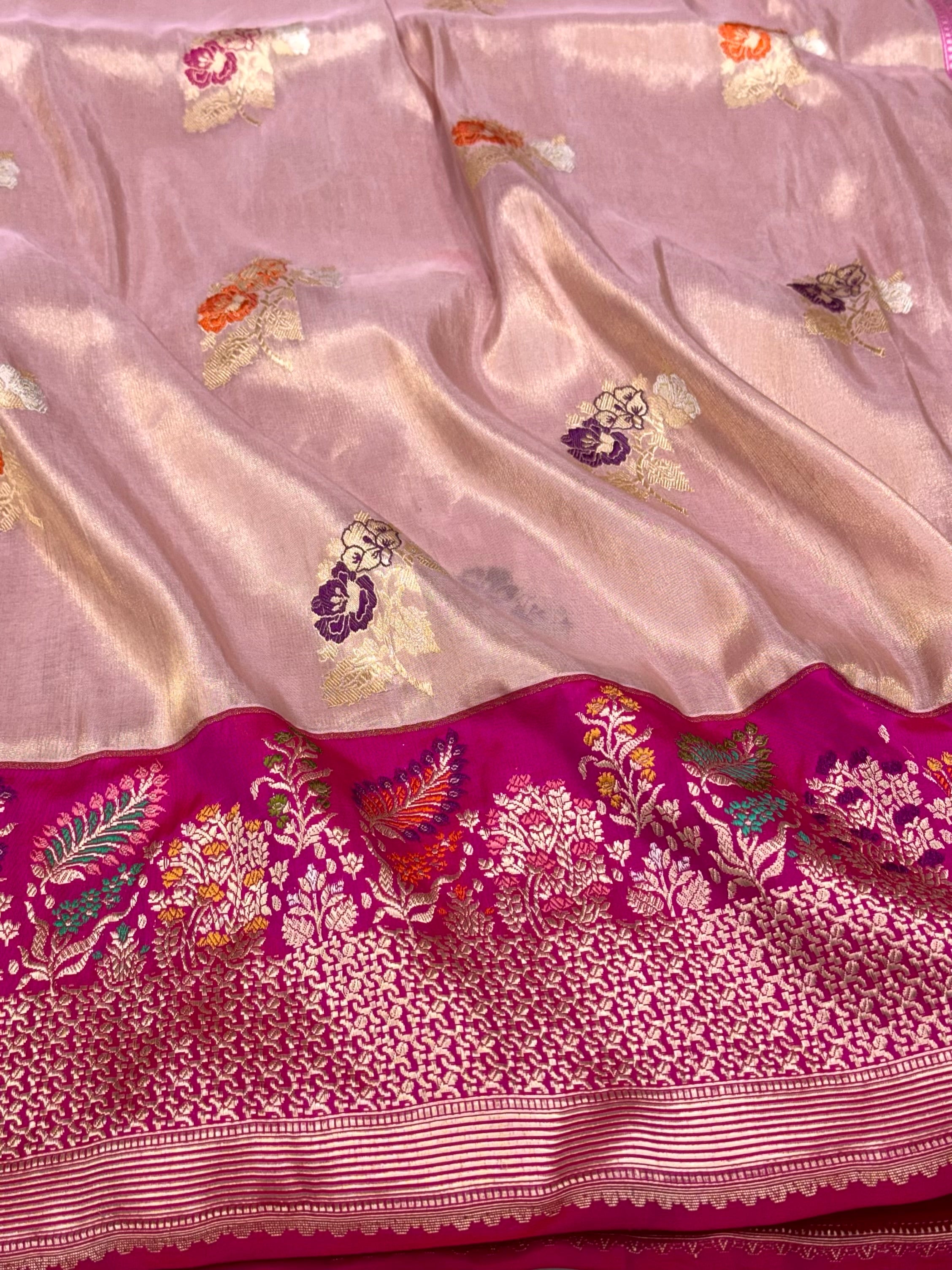 Rose Gold Pure Kora Tissue Silk Handwoven Banarasi Saree