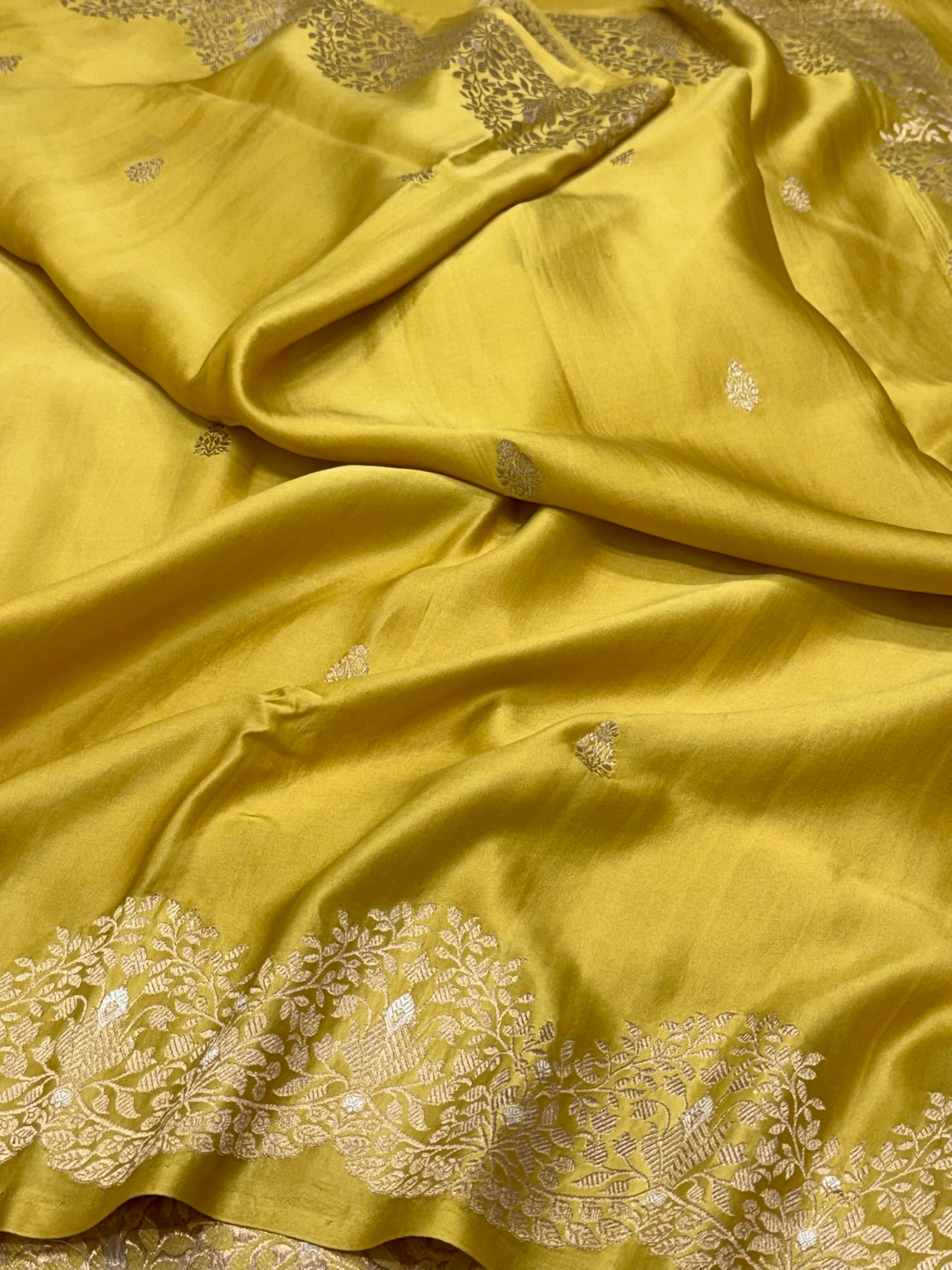 Mustard Yellow Banarasi Saree - Pure Mashru Satin Silk Handwoven Contemporary Banarsi Saree