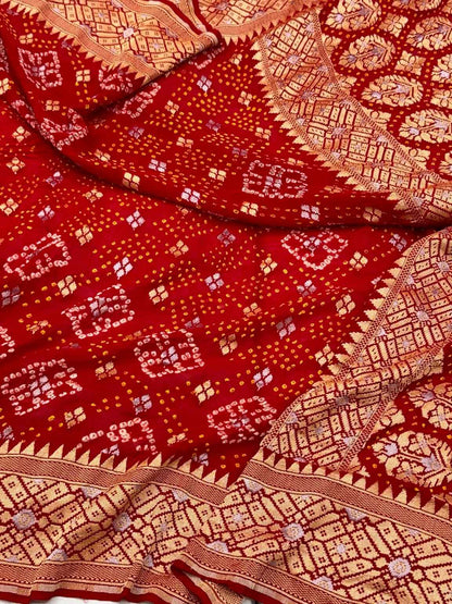 Red Handloom Banarasi Saree | Pure Chiffon Georgette Banarasi Saree with Bandhej