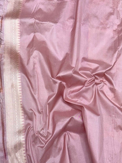 Rose Gold Pure Mulberry Katan Silk Handloom Banarasi Rangkaat Saree