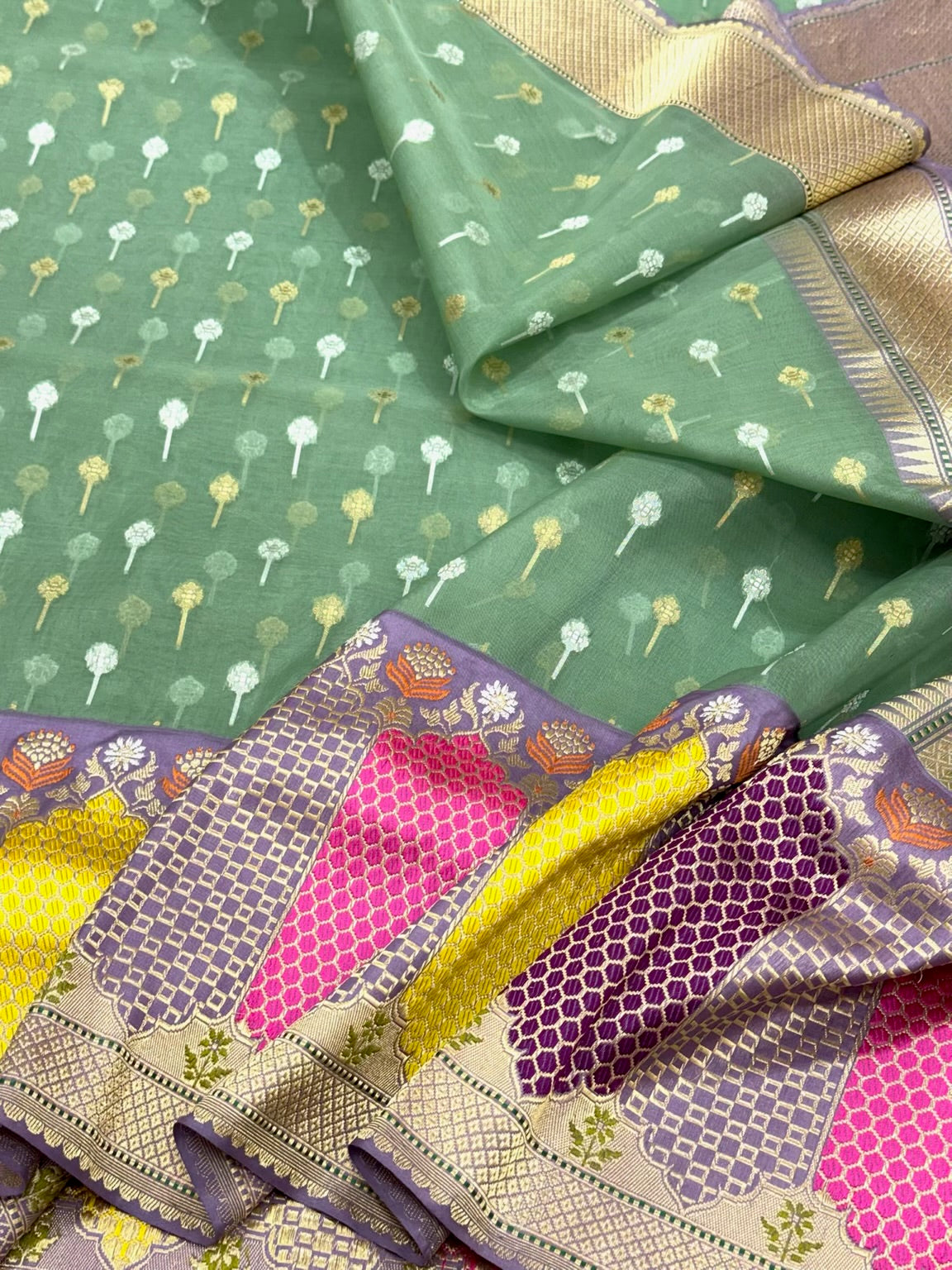 Sage Green Pure Mulberry Kora Silk Handwoven Banarasi Saree | Kadhiyal Rangkaat style Border