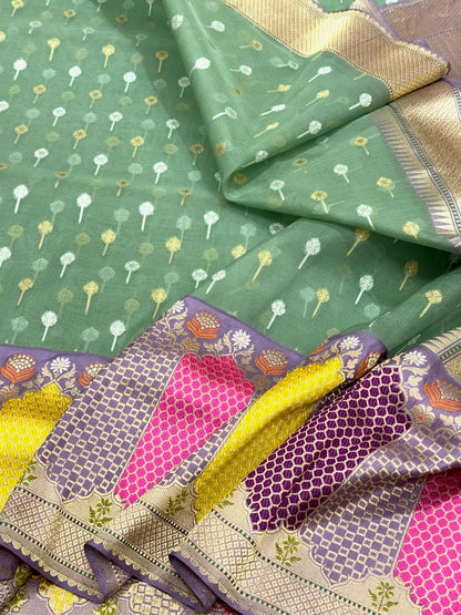 Sage Green Pure Mulberry Kora Silk Handwoven Banarasi Saree | Kadhiyal Rangkaat style Border
