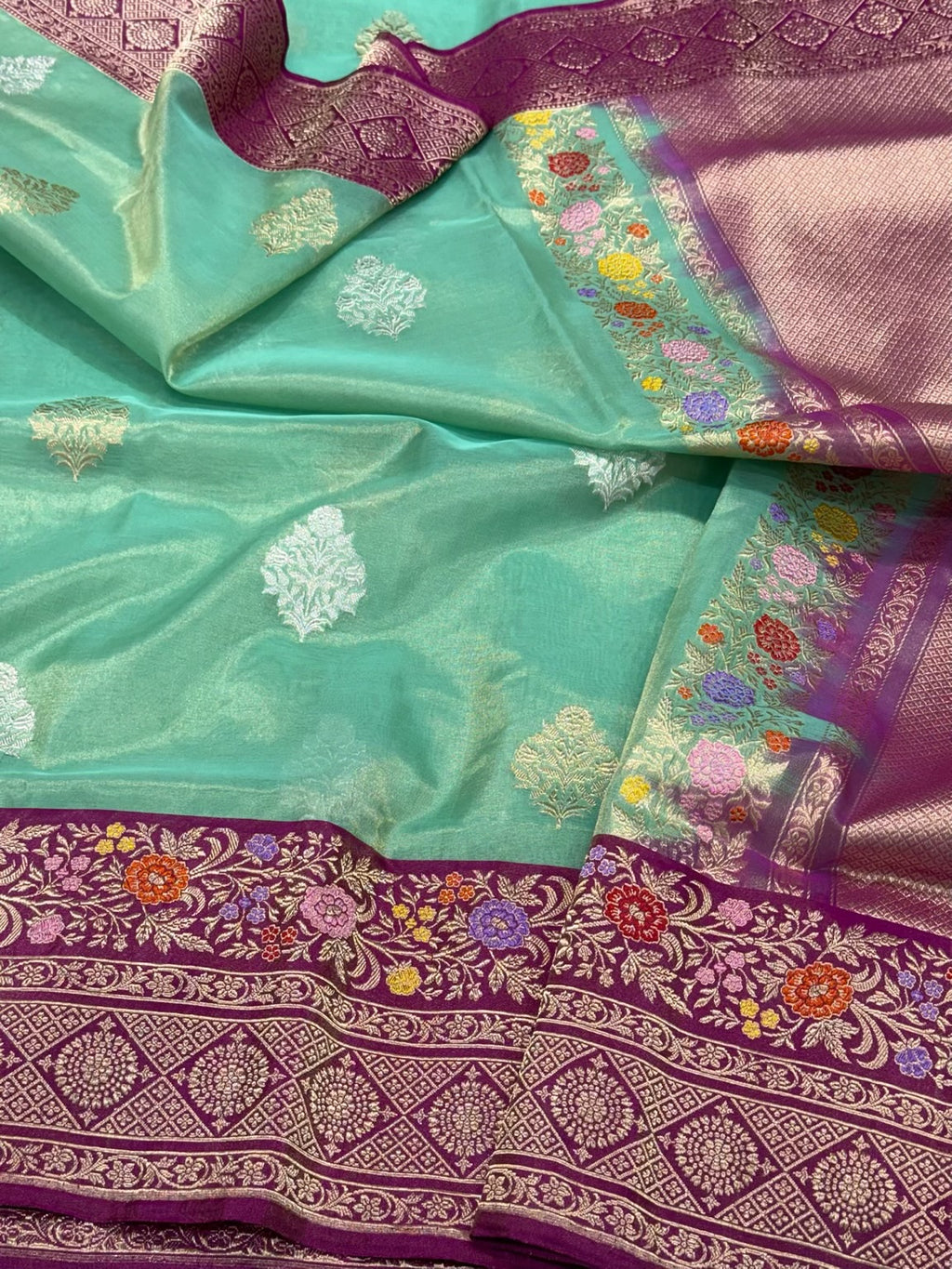 Sea Green Pure Kora Tissue Silk Handwoven Banarasi Silk Saree | Katan Silk Border & Blouse