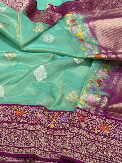 Sea Green Pure Kora Tissue Silk Handwoven Banarasi Silk Saree | Katan Silk Border & Blouse