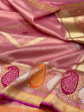 Rose Gold Pink Pure Kora Tissue Ektara Weave Handwoven Banarasi Silk Saree