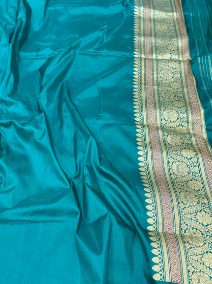 Teal Green Pure Katan Mulberry Silk Handwoven | Kadhwa Weave | Banarasi Brocade Saree