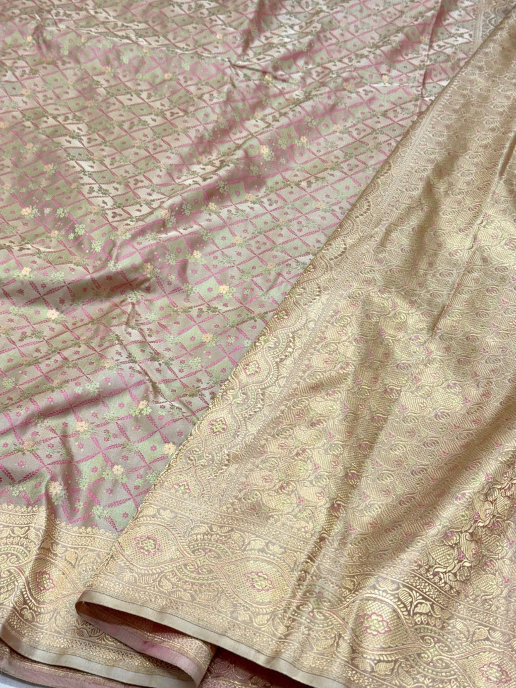 Beige Pure Satin Silk Handwoven Soft Drape Banarasi Tanchoi Saree