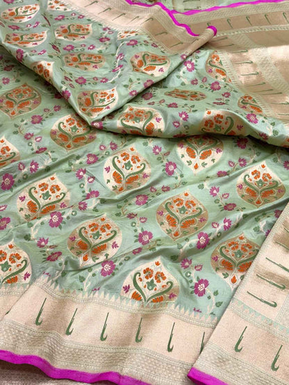 Pista Green Pure Katan Silk & Mulberry Silk Handloom Banarasi Saree