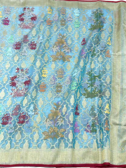 Sky Blue Pure Mulberry Kora ( Organza ) Silk Ektara Jamdani Handloom Banarasi Saree