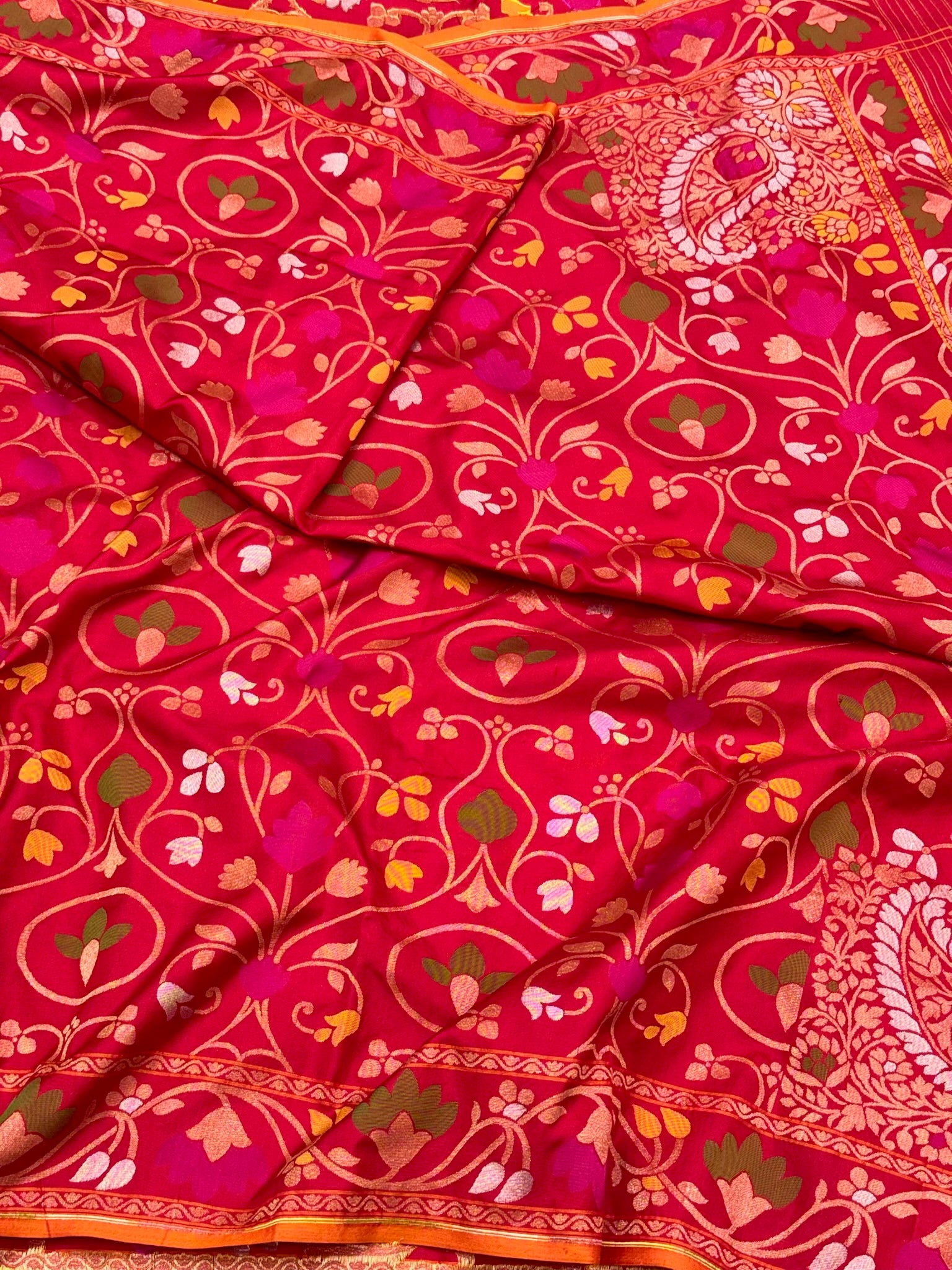 Deep Red Pure Mulberry Double Katan Silk Jamdani Handloom Banarasi Saree | Ektara Weave |