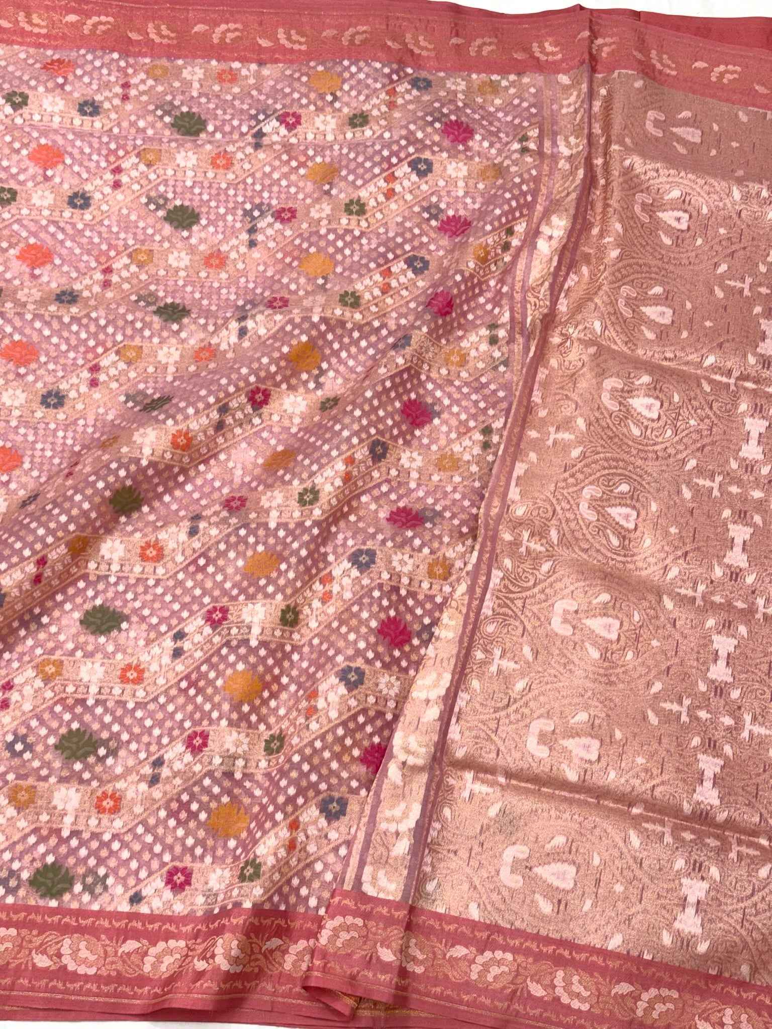 Mauve Pink Pure Mulberry Kora Silk ( Organza ) Handloom Ektara Jamdani Banarasi Saree