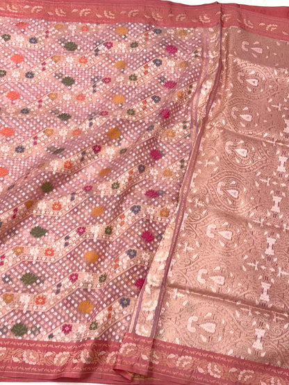 Mauve Pink Pure Mulberry Kora Silk ( Organza ) Handloom Ektara Jamdani Banarasi Saree