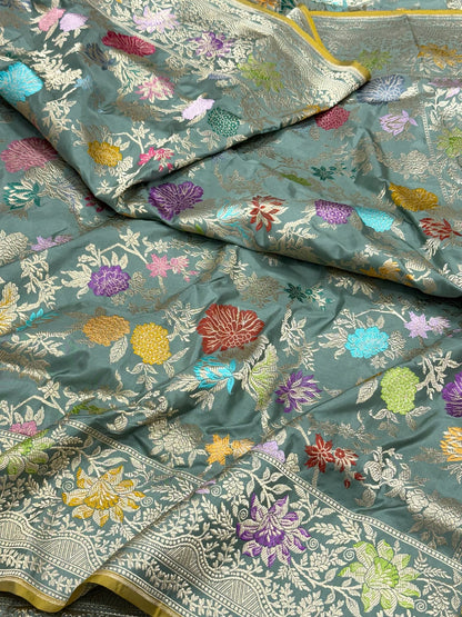 Dusty Sea Green Exclusive Premium Banarasi Luxury Saree | Pure Double Katan Mulberry Silk - Kadhwa Technique ( Handwoven ) Banarasi Saree