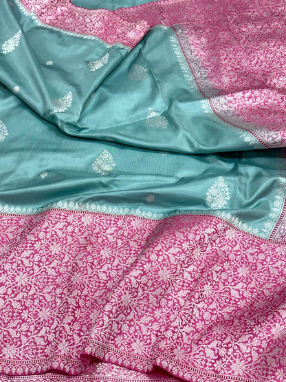 Light Sea Green Pure Katan Mulberry Silk Handwoven Banarasi Saree | Ektara Kadhwa Weave |