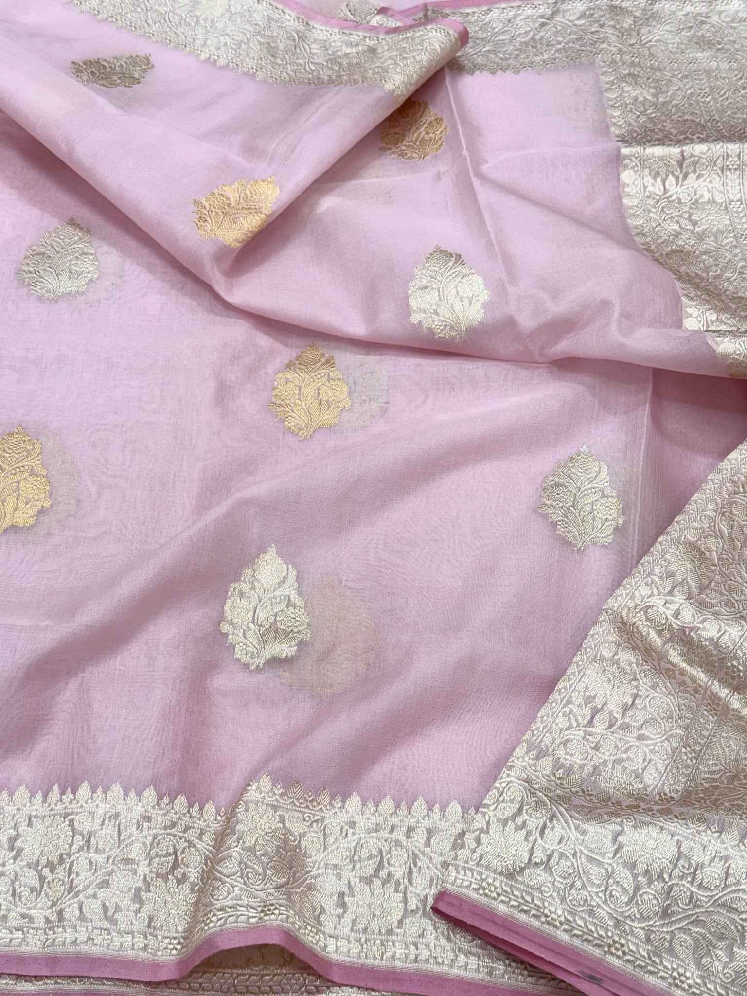 Baby Pink Pure Mulberry Kora Silk Handwoven Banarasi Saree