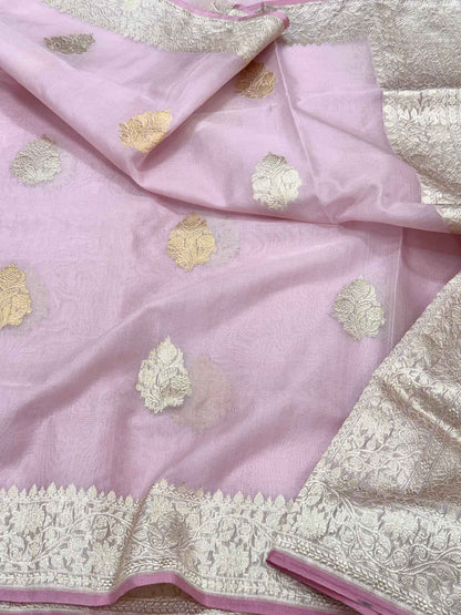Baby Pink Pure Mulberry Kora Silk Handwoven Banarasi Saree