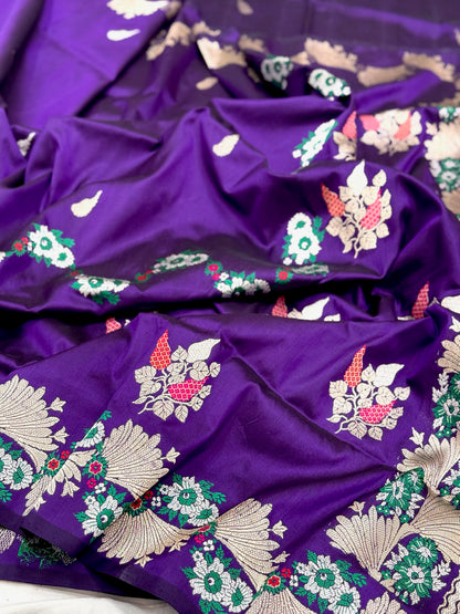 Purple Pure Mulberry Katan Silk  Handwoven Banarasi Saree